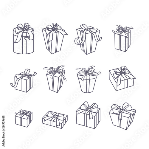 Set of vector outline gift icons. Black and white line boxes with ribbons, is...