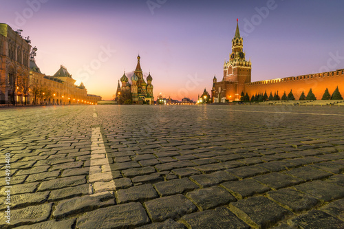 Red square, Moscow Kremlin, Saint Basil Cathedral and GUM trading house on sunrise. Moscow Russia.