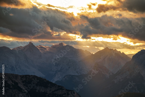 Mountains Panorama of the Dolomites at Sunrise with clouds © Kavita