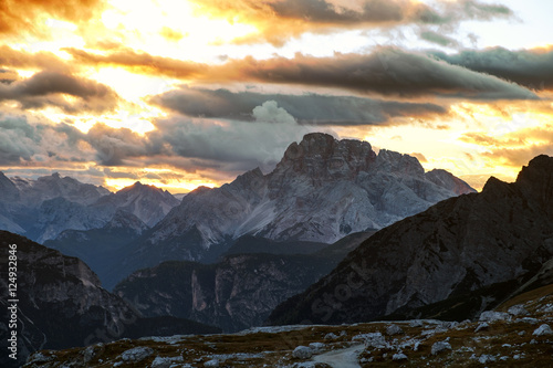 Mountains Panorama of the Dolomites at Sunrise with clouds