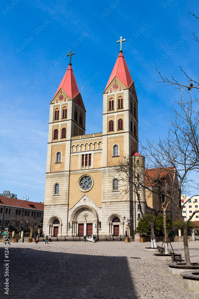Exterior of St. Michael's Cathedral (Zhejiang Road Catholic Church) in the heart of the old german town, Qingdao, China