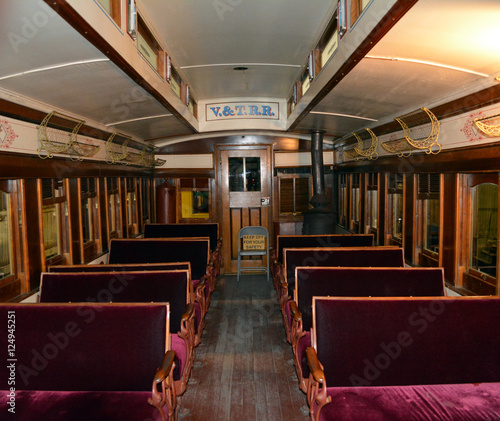 V and T Train inside/Inside of vintage railroad travel car.