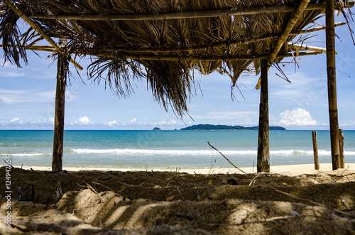 Fototapeta Naklejka Na Ścianę i Meble -  beautiful seaview through bamboo hut. palm fronds, sandy beach a
