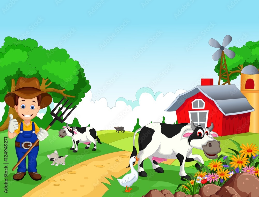 Farm background with farmer and animals Farm background with farmer and animals