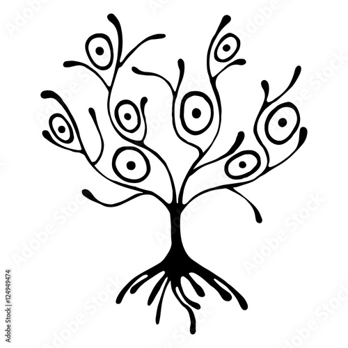Vector hand drawn illustration, decorative ornamental stylized tree. Black and white graphic illustration isolated on the white background. Inc drawing silhouette. Decorative artistic ornamental wood
