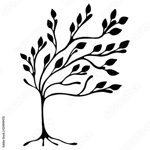 Vector hand drawn illustration, decorative ornamental stylized tree. Black and white graphic illustration isolated on the white background. Inc drawing silhouette. Decorative artistic ornamental wood