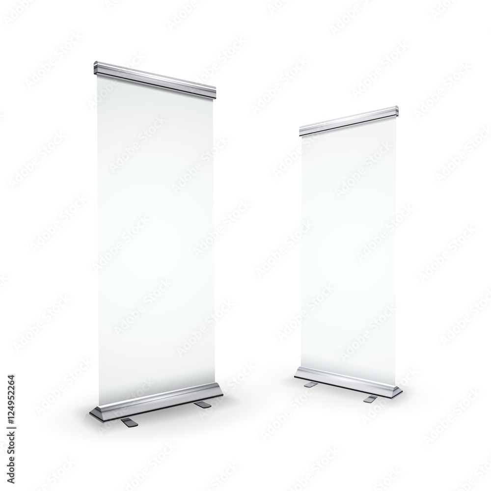 Two blank realistic roll-up banners isolated on white Two blank realistic roll-up banners isolated on white