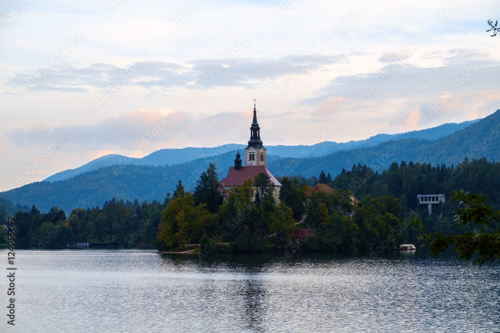 Bled with lake, island and mountains in background Bled with lake, island and mountains in background