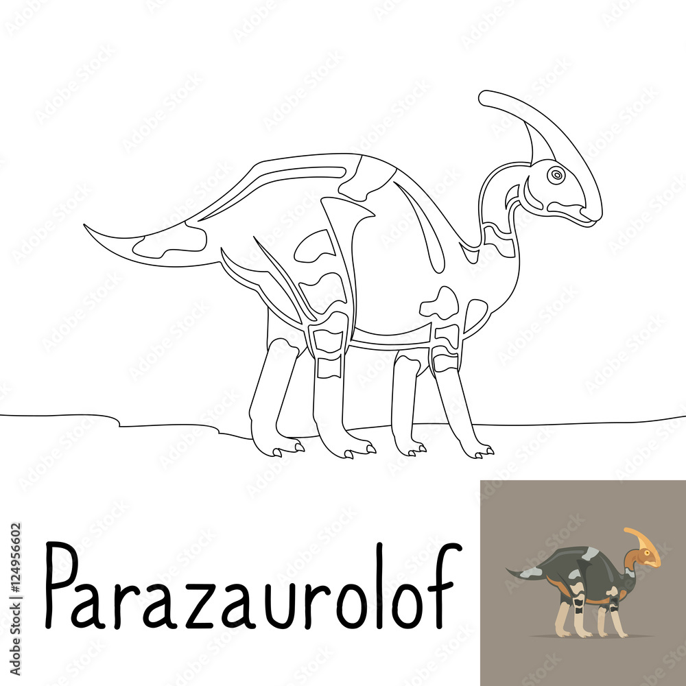Naklejka premium Coloring page for kids with Parazaurolof dinosaur and colored preview. Vector illustration