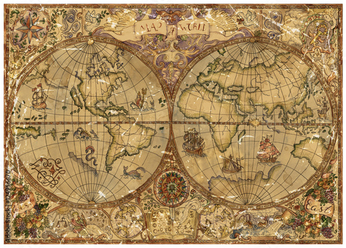 Vintage illustration with world atlas map on old textured parchment