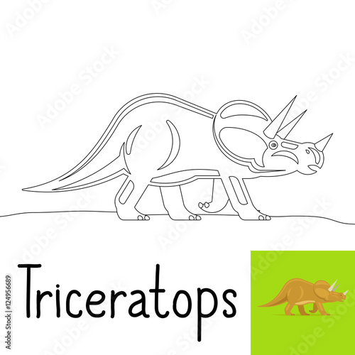 Coloring page for kids with Triceratops dinosaur and colored preview. Vector illustration