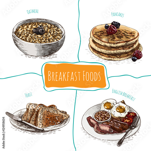 Colorful illustration of breakfast foods.
