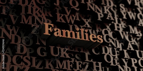 Families - Wooden 3D rendered letters/message. Can be used for an online banner ad or a print postcard.