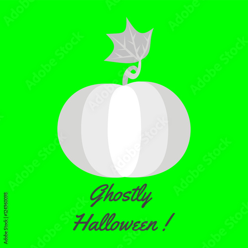 Halloween greeting card template with gray pumpkin on green with inscription Ghostly Halloween!