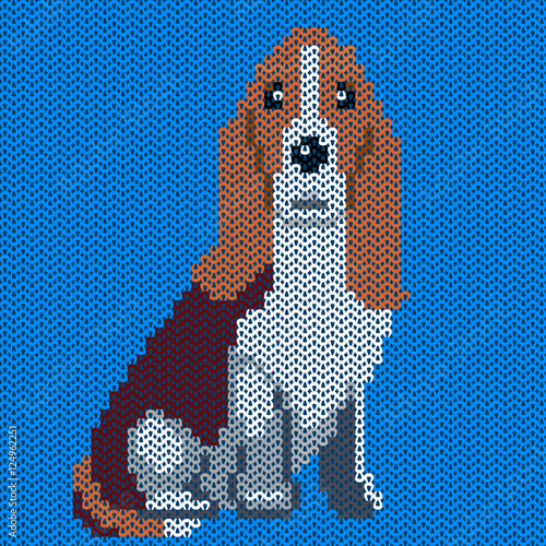 Vector knitted dog pattern. Basset on blue background. Illustration for sweater, pullover, slip-over, wooly, bag, satchel, carrier bag.
