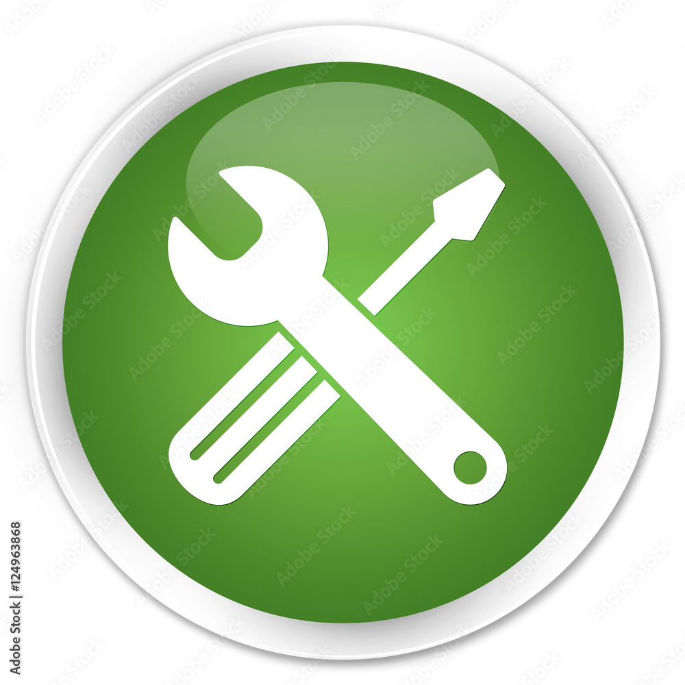 Tools icon soft green glossy round button Tools icon soft green glossy round button