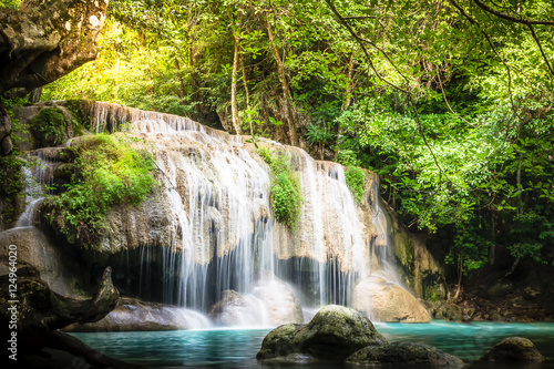 Erawan waterfall, the beautiful waterfall in deep forest at Erawan National Park - A beautiful waterfall on the River Kwai. Kanchanaburi, Thailand