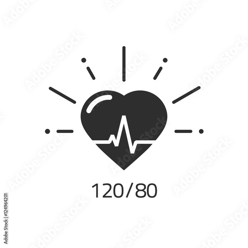 Good health vector icon, blood pressure numbers with heart pulse cardiogram, medical pulsometer logo element, heart beat label hospital equipment concept flat black and white design isolated