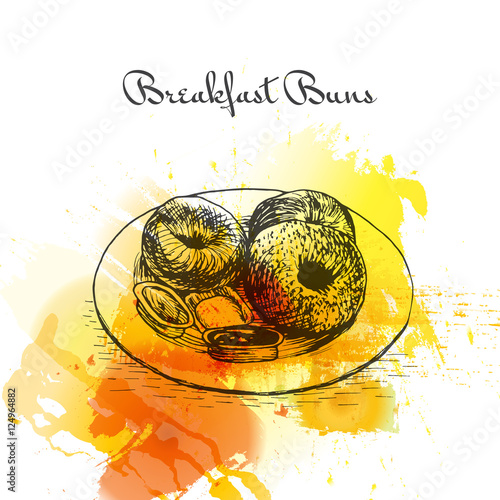 Breakfast buns colorful watercolor effect illustration.