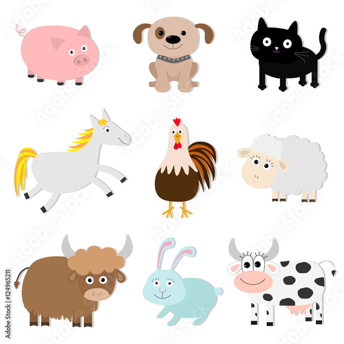 Farm animal set. Pig, cat, cow, dog, rabbit, ship horse, rooster, bull Baby collection. Flat design style. Isolated. White background