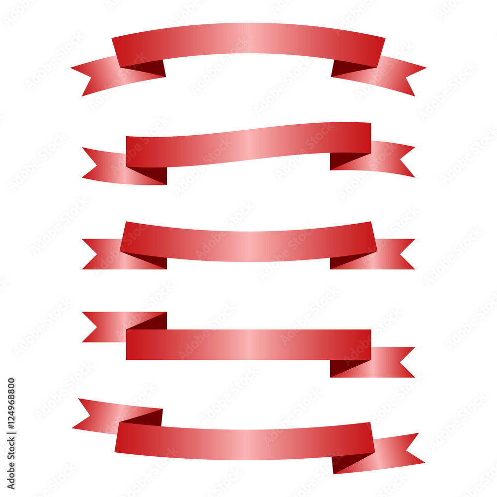 Red ribbons set, isolated on white background. Vector illustration
