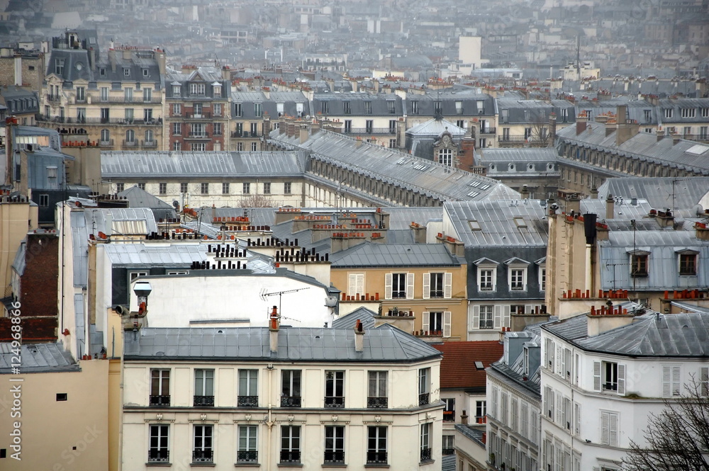 View on Paris from Montmartre on foggy day 
