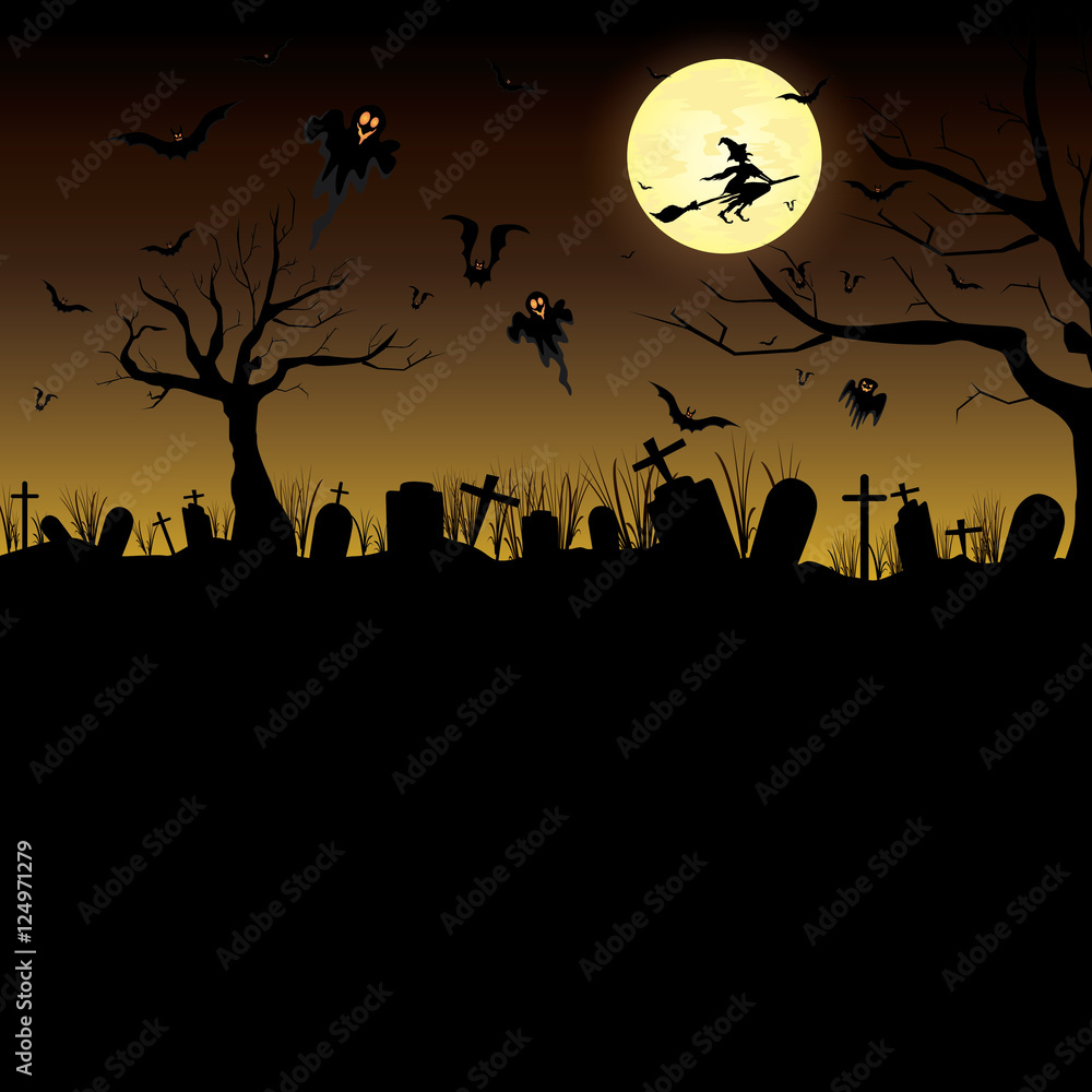 Happy Halloween Pumpkin in moon night on black sky.