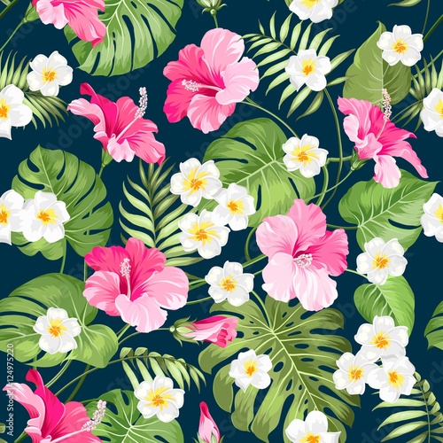 Tropical plumeria and green palm leaves. Dark fabric swatch with pradise flowers isolated over blue background. Seamless fabric texture. Vector illustration.