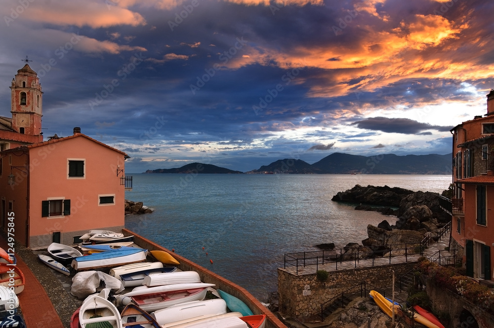 Sunset in the small village of Tellaro in the Gulf of La Spezia, Lerici, Liguria, Italy