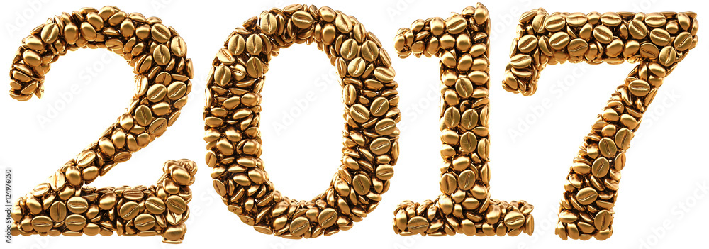 new 2017 year from gold coffee beans. isolated on white. 3D illustration new 2017 year from gold coffee beans. isolated on white. 3D illustration