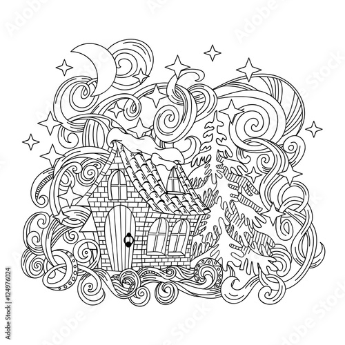 Cartoon cute hand-drawn doodle fairy house illustration. Sketch Vector artwork. Line art picture with winter items
