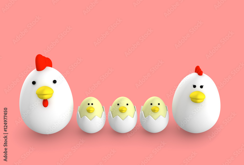 玉子　鶏　家族　3D illustration