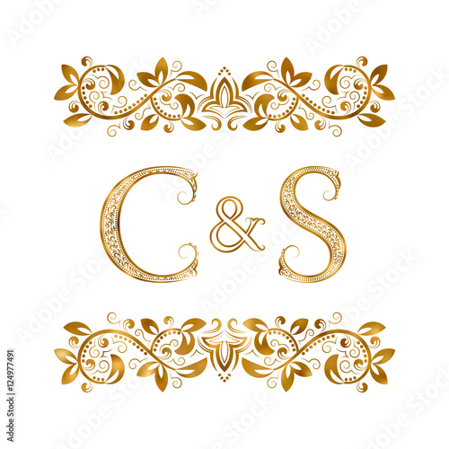 C&S vintage initials logo symbol. The letters are surrounded by ornamental elements. Wedding or business partners monogram in royal style.