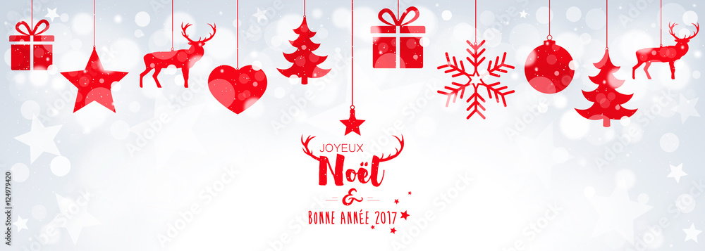 Carte de vœux avec décorations suspendues sur bokeh