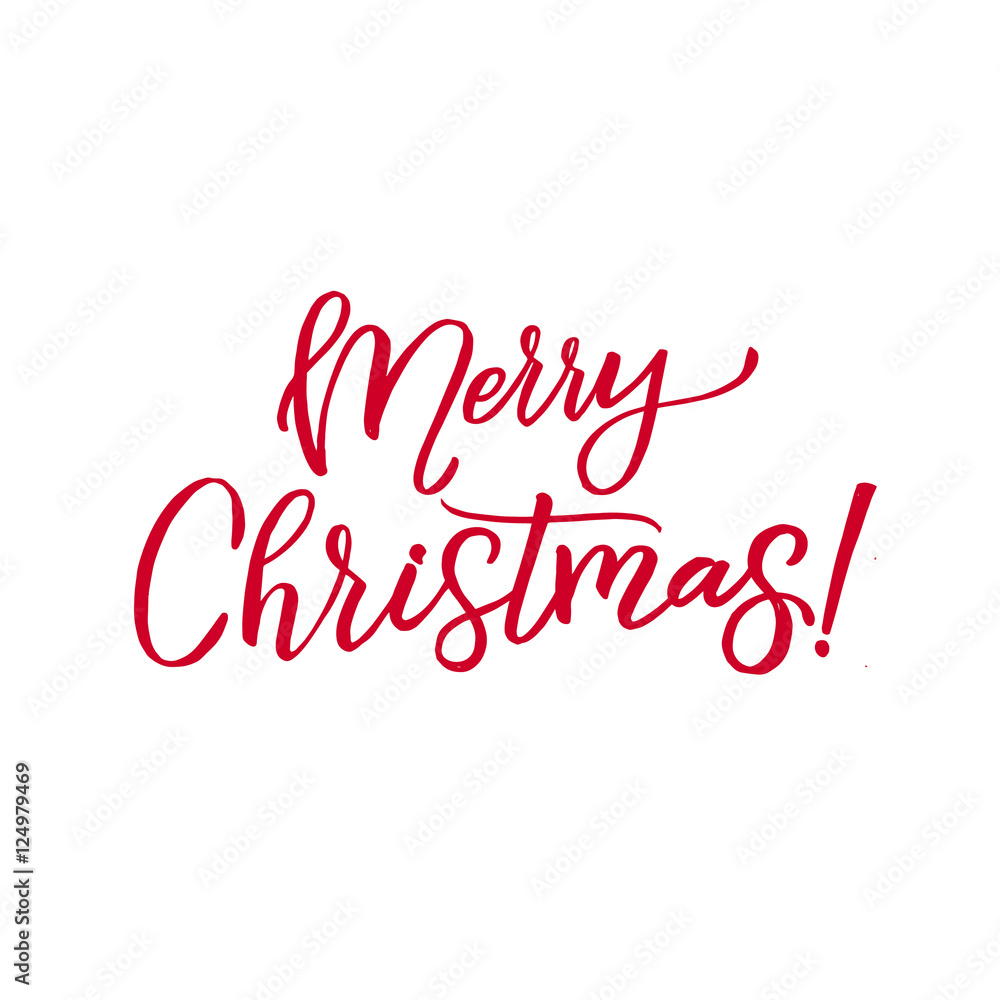 Merry Christmas Red Lettering Inscription, artistic written for greeting card, poster, print, web design and other decoration, handmade calligraphy vector illustration