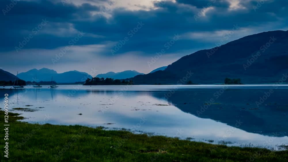 Sunset over the bay with boats in Scotland, 4k, timelapse Sunset over the bay with boats in Scotland, 4k, timelapse