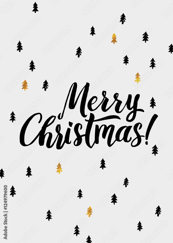 Merry Christmas hand lettering and Golden Tree. Vector image Stock