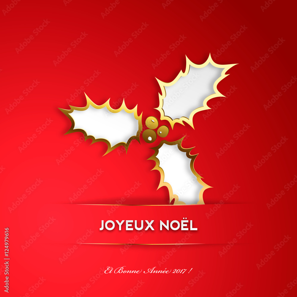 Carte de vœux avec houx doré sur fond rouge Carte de vœux avec houx doré sur fond rouge