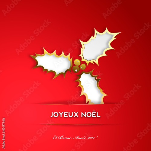 Carte de vœux avec houx doré sur fond rouge