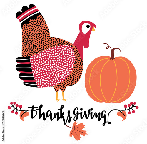 Thanksgiving day card with pumpkin, maple leaves, turkey. Thanksgiving lettering. Vector