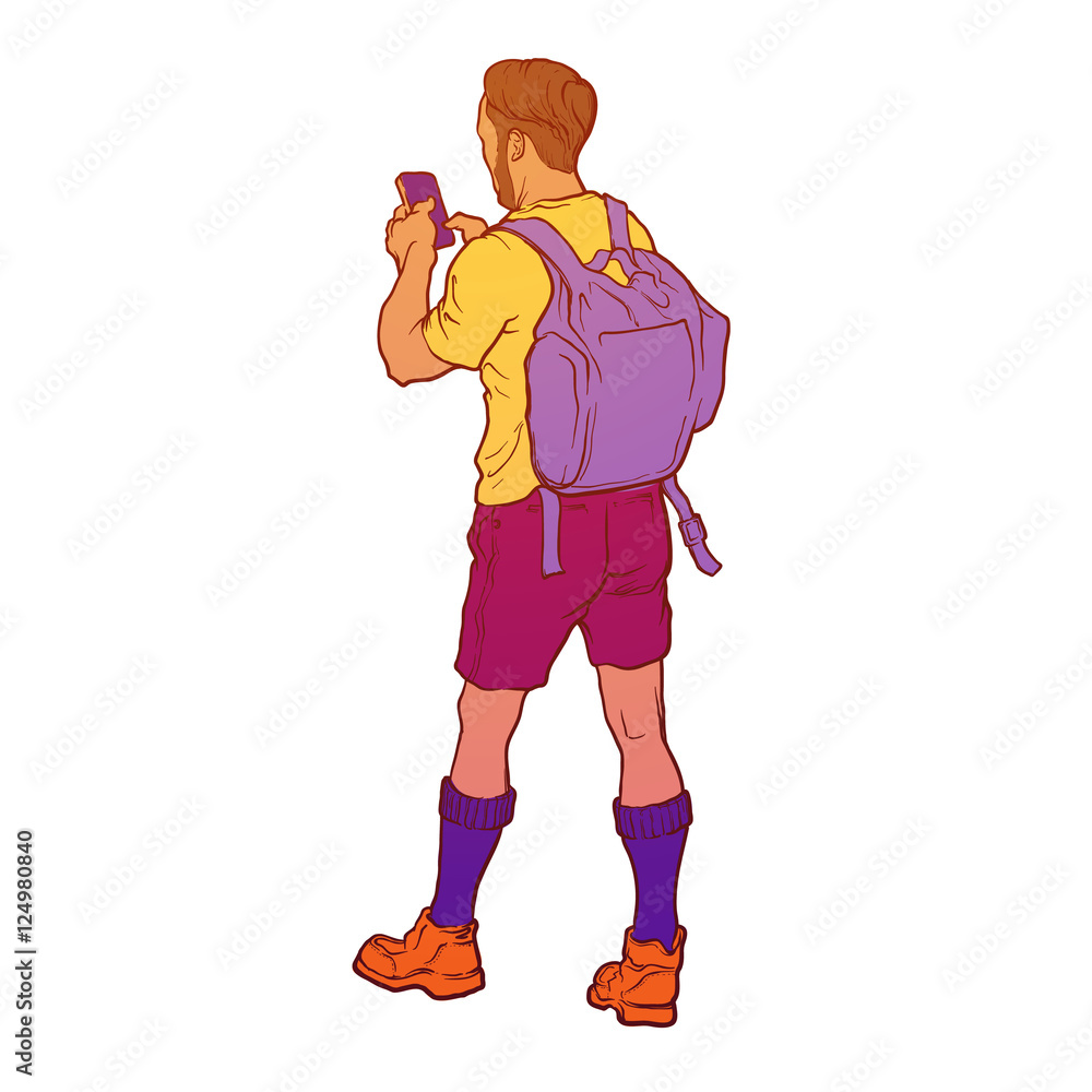 Summer active laisure. Young trendy looking tourist. Back view. Isolated on white background. EPS10 vector illustration. Summer active laisure. Young trendy looking tourist. Back view. Isolated on white background. EPS10 vector illustration.