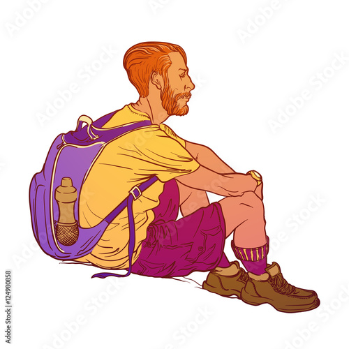 Summer laisure activity. Sitting young hipster backpacker. Sketch style drawing isolated on white background. EPS10 vector illustration. photo