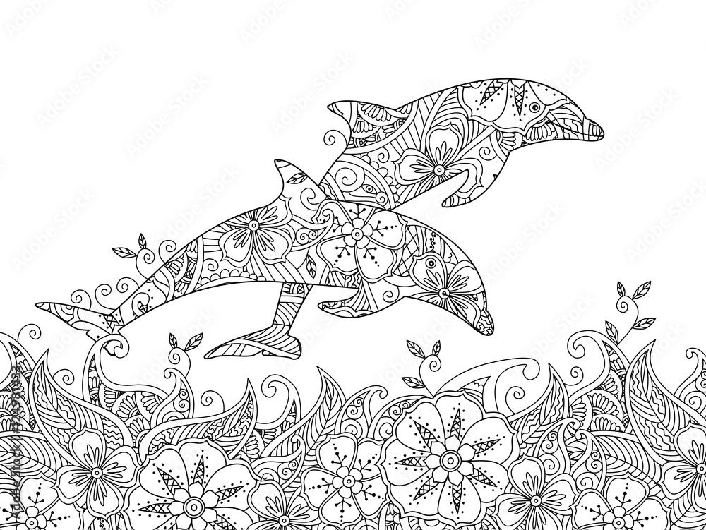 Naklejka premium Coloring page with pair of jumping dolphins in the sea.