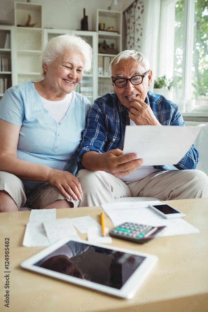 Senior couple interacting while checking the bills Senior couple interacting while checking the bills