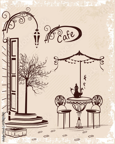 Series of backgrounds decorated with old town views and street cafes. Hand drawn Vector Illustration.