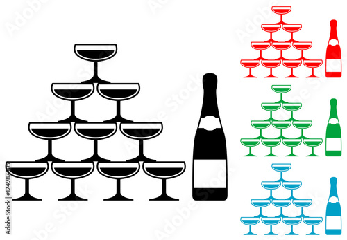 Icono plano piramide copas champan y botella varios colores photo
