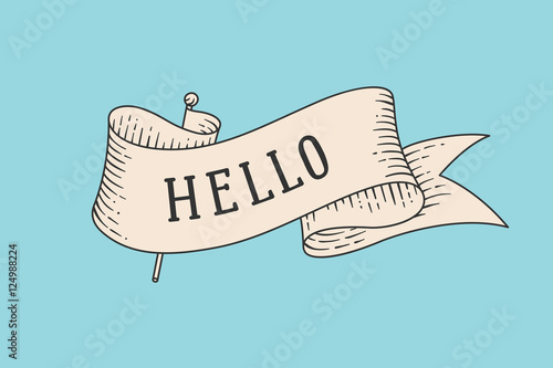 Greeting card with old vintage ribbon and word Hello. Old ribbon banner in engraving retro style. Old school hand drawn of vintage ribbon for card or banner on colorful background. Vector Illustration