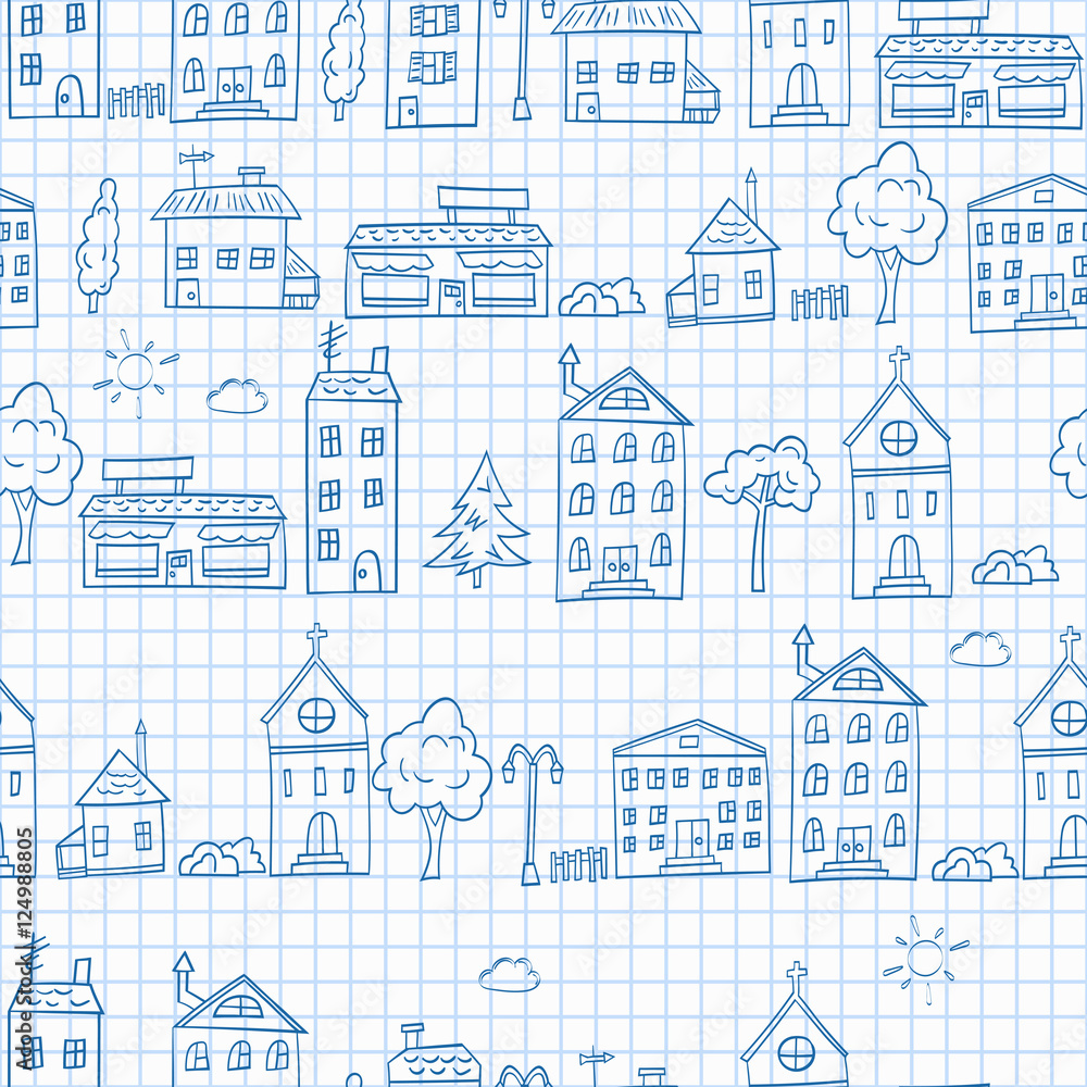 Seamless pattern with simple hand-drawn houses and trees on the page of the notebook into a cell