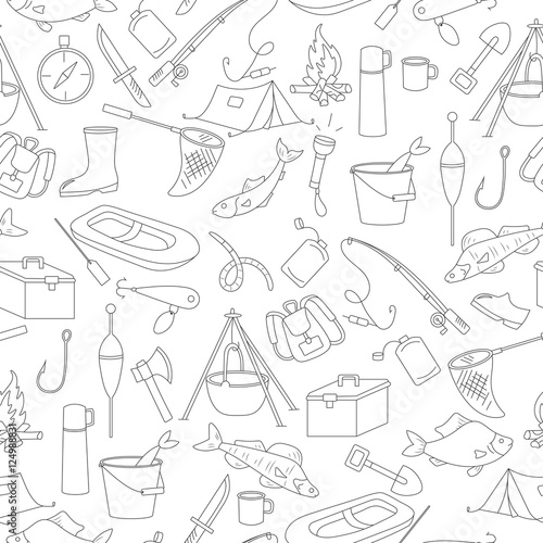 Seamless pattern on the theme of fishing, a simple hand-drawn contour icons on white background