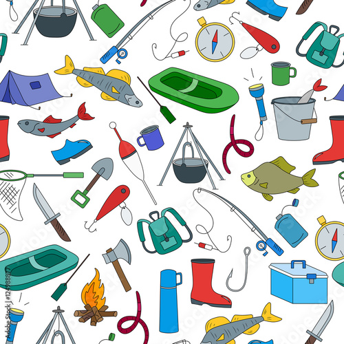 Seamless pattern on the theme of fishing, a simple hand-drawn icons on white background